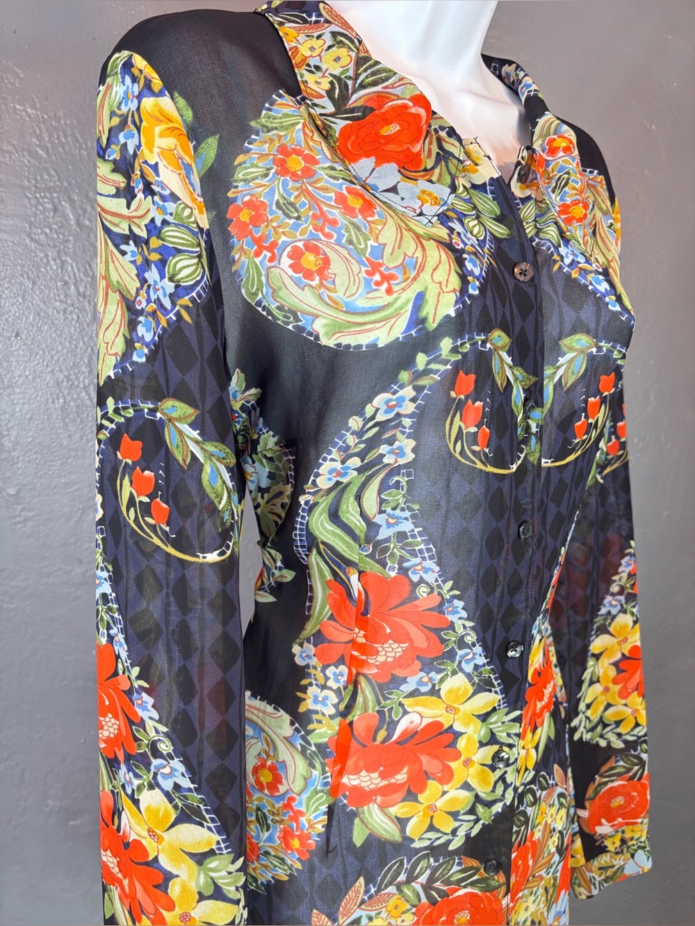 CAbi "Amour" Sheer Floral Button-Up Blouse Size Large - Picture 2 of 14